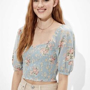 American Eagle Floral Smocked Puff Sleeve Crop Top | Size L |